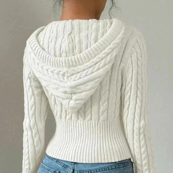 White Casual Women's Fitted Drawstring Hooded Cardigan - Picture 2 of 5